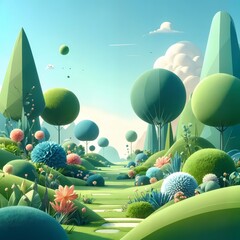 Whimsical Garden Landscape with Colorful Flowers and Trees