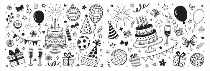 Festive black and white illustration of birthday and celebration elements
