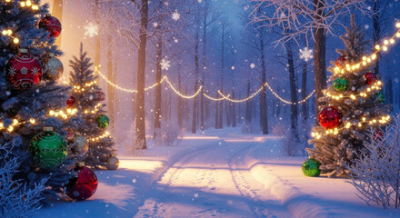 Enchanted winter forest path illuminated by christmas lights