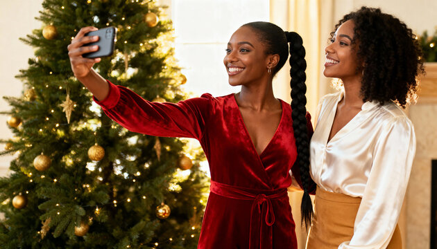 Two happy black women taking a selfie by a Christmas tree. Smiling friends celebrating the holidays together at home. Festive winter season party and friendship concept - Powered by Adobe