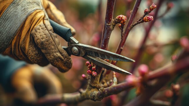 Close-up of a gardener in gloves pruning small pink buds on a tree branch