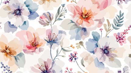 Seamless watercolor floral pattern with pink flower and leaf illustrations for a vintage spring textile design background