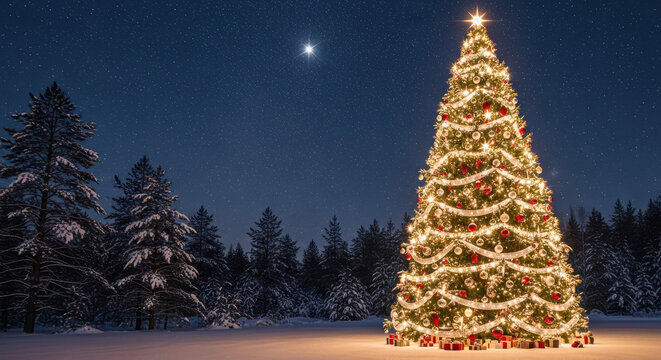Illuminated christmas tree in a snowy forest under a starry night sky