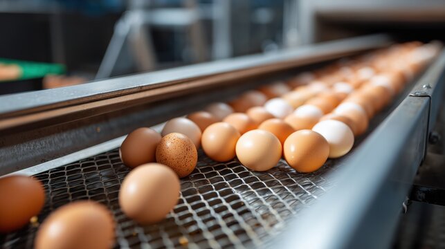 Fresh chicken eggs moving on a conveyor belt in a poultry factory