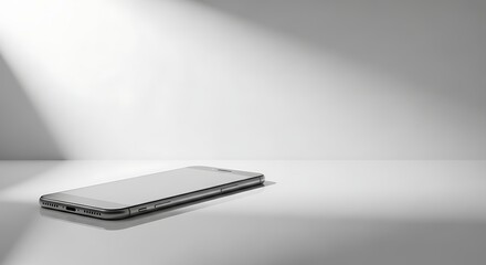 Stock photo of silver mobile phone device on minimalist white surface for product showcase and mockup use