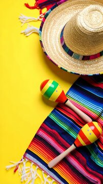 Bright yellow background with traditional straw hat, serape blanket, and maracas for fiesta themed event, party, or celebration.