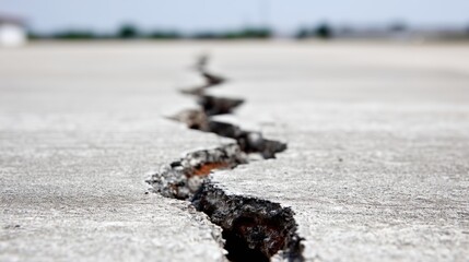 Close-up of a long, jagged crack in gray concrete or paved road