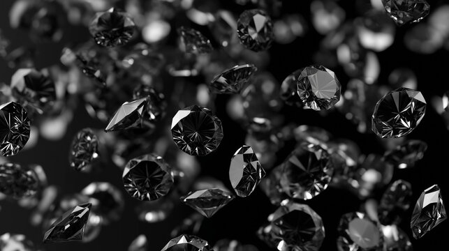 Abstract luxury background featuring a shower of falling black diamonds with a shallow depth of field, creating a dramatic and expensive jewelry concept.