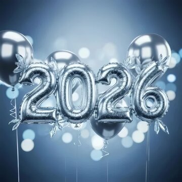 Silver foil balloons forming 2026 for a festive New Year celebration with glossy bokeh light.