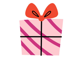 Pink Christmas Present with Magenta Stripes and Red Bow – Festive Holiday Art