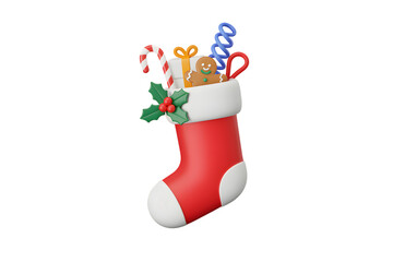 Festive christmas stocking filled with holiday treats and gifts on transparent background