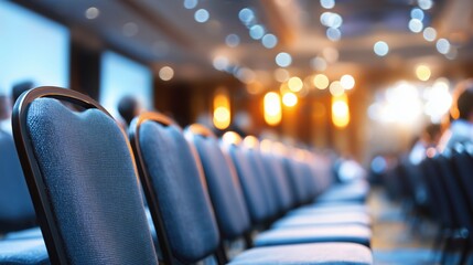 Empty chairs facing the stage in a large convention hall before a business event