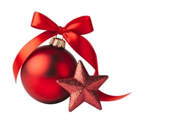 Red christmas ornament with a satin bow and a star on transparent background