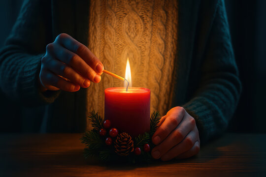 Hands lighting candle red candle flame matchstick cozy atmosphere warm light pine cone decoration holiday spirit winter sweater festive mood