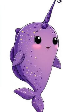 Cute Purple Narwhal Cartoon Character with Sparkles and Big Eyes.