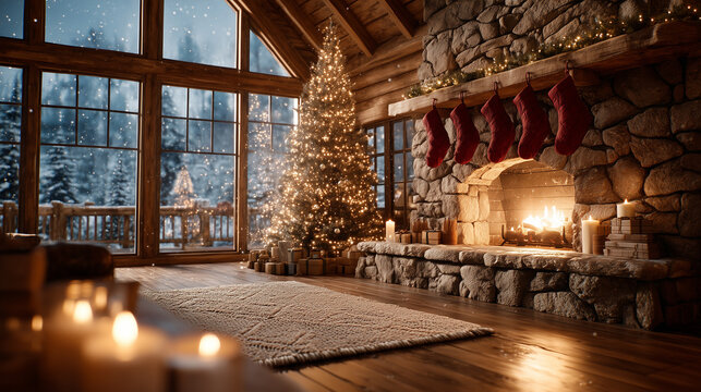 Cozy rustic living room interior in a winter log cabin with a burning stone fireplace, hanging red stockings, and a beautiful illuminated Christmas tree near large windows overlooking a snowy forest