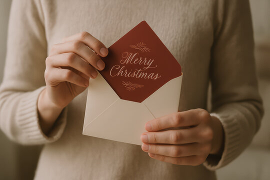 Merry Christmas card in envelope held by person wearing beige sweater, festive holiday greeting with warm and cozy atmosphere