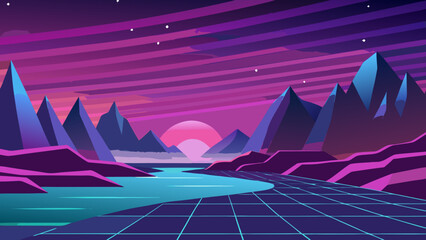 Fantastic Frontiers: Dreamlike twilight valley with neon mountains and aurora