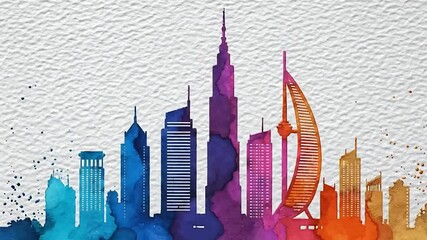 Colorful paint splash forming artistic skyline of dubai with paint texture effect
