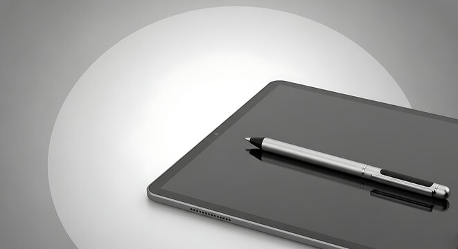 Stock photo of tablet device with stylus pen for digital art and creative work on white background surface