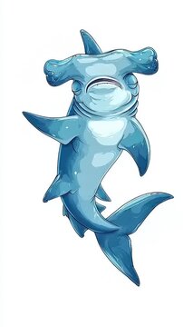 Cute cartoon hammerhead shark swimming happily in clear blue water.