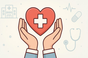 Heart care symbol with hands holding red heart featuring medical cross, surrounded by healthcare like hospital, stethoscope, pill, and heartbeat line, conveying compassionate medical