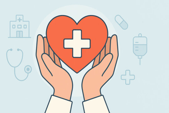 Heart symbol with medical cross held by hands representing healthcare and protection, surrounded by medical for compassionate care and wellness