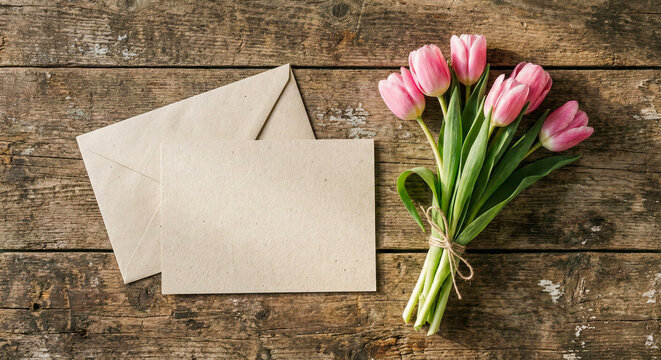 A top-down, flat lay photograph of a rustic wooden table with a blank, textured beige card, an envelope, and a small bouquet of pink tulips beside it. copy space