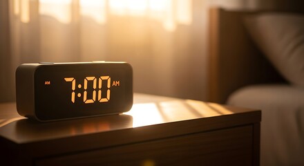 Alarm clock displaying seven am for morning wake up routine in bedroom for time management concept