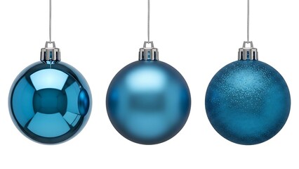 Three distinct blue christmas ornaments, showcasing glossy, matte, and glitter textures, perfect for holiday decorations, festive celebrations, and winter themes, isolated on white background