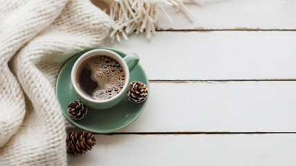 Cozy winter scene featuring a warm cup of coffee, a soft knit blanket, and rustic pine cones on a wooden surface, perfect for seasonal promotions and holiday greetings