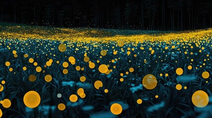 Nocturnal field illuminated by glowing orbs.