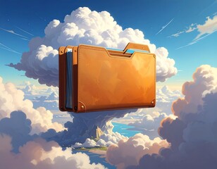 Concept of cloud computing and data management with files above the clouds