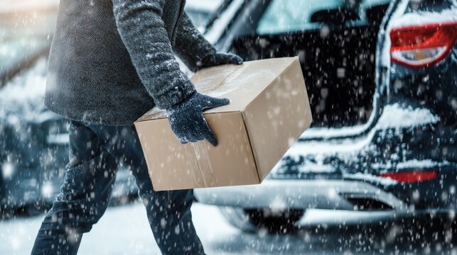 Person carrying a delivery cardboard box from the trunk of a car on a snowy day