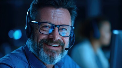 Smiling middle-aged male call center agent wearing a headset in a dark office