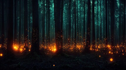 Mysterious forest floor illuminated by glowing lights.