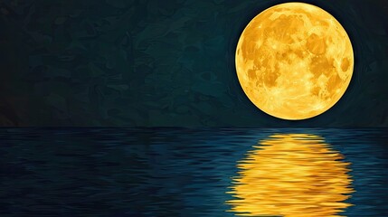 A large, golden moon reflected in still water at night.