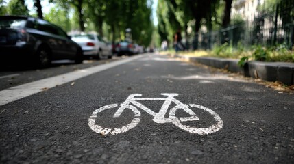 Obraz premium White bicycle road sign painted on the asphalt of a shaded, tree-lined city street