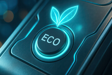 Eco button with glowing leaf symbol on futuristic car dashboard, representing sustainable technology and energy saving mode for eco friendly driving experience