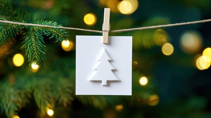 Christmas tree shape on a small card hanging on a rope with bokeh lights and pine branches