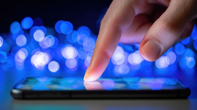 Close-up of a finger tapping on a smartphone screen with blue bokeh lights background