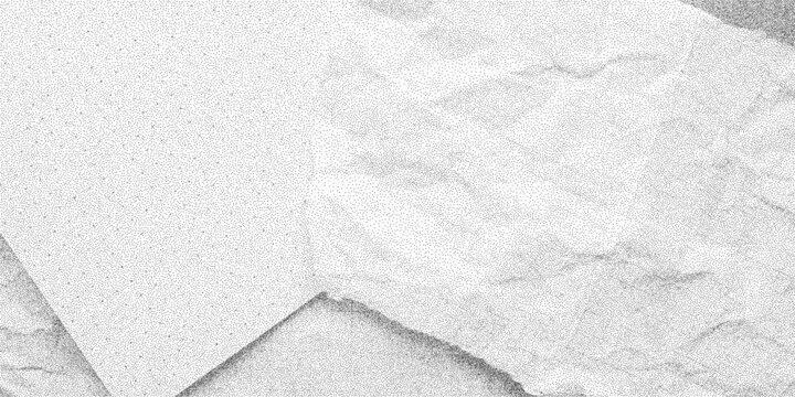 Noisy gritty dark surface with sheets of crumpled grid paper. Dusty dotted halftone texture, retro grunge banner with broken notebook page traces.