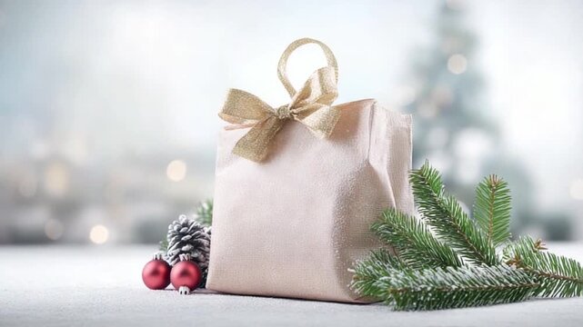 Winter Gift's Warmth: A beautifully wrapped gift sits amidst winter's serenity, nestled among pine, ornaments, and a blurred backdrop, embodying the spirit of the season. 