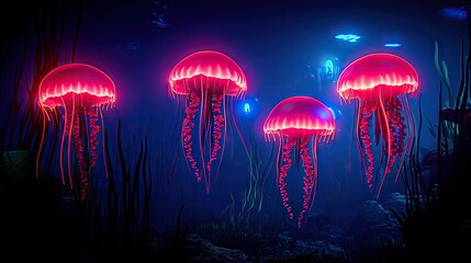 Four glowing jellyfish, illuminated in a deep sea environment.