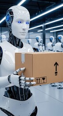 Advanced AI robot worker carrying a cardboard box in an automated smart warehouse, representing futuristic logistics and supply chain automation