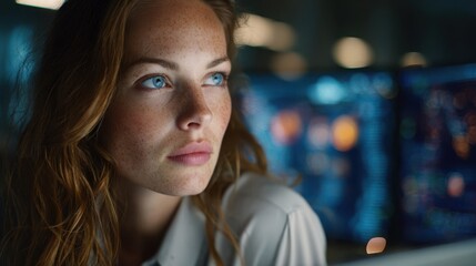 Close-up of a focused woman with blue eyes and freckles looking intently, with blurred modern tech screens in the background, suggesting deep concentration and data analysis.