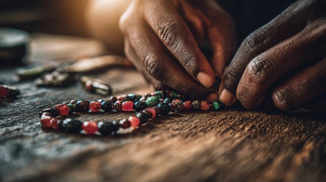 Crafting handmade jewelry with colorful beads on wooden table