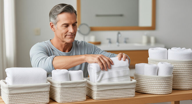 A handsome, serene middle-aged man finding joy in home organization, neatly folding fresh white towels into woven storage baskets in a bright bathroom