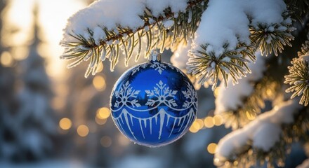 Blue Christmas Ornament on Snowy Pine Branch with Bokeh Lights