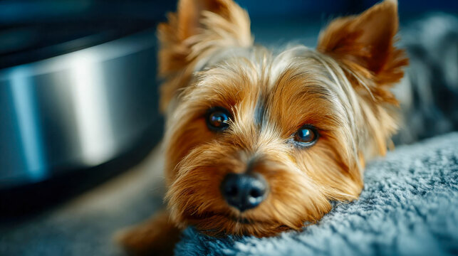 A Yorkshire Terrier resting on a robot vacuum cleaner, animals and technology